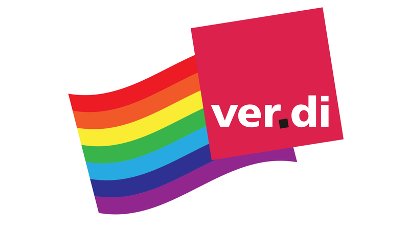 ver.di Logo vor Regenbogenfahne