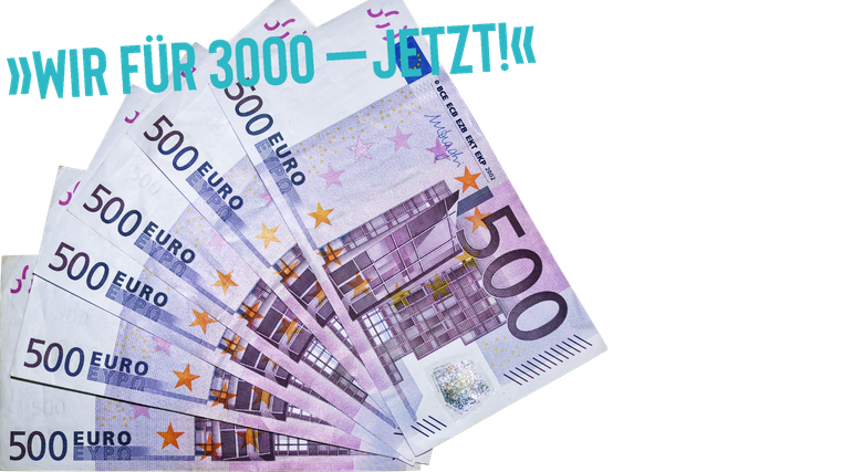 Kampagnenmotiv Wir für 3.000 (Euro Inflationsausgleich) mit Gledscheinen