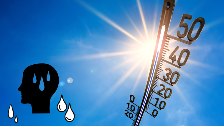 blauer Himmel, Sonne, Thermometer, schwitzender Mensch